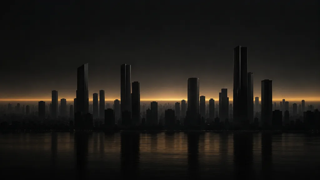 Abstracted dark skyline silhouette with a thin gold horizon band