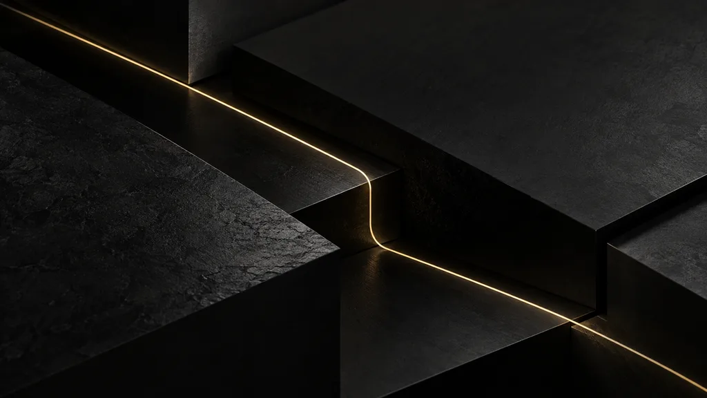 Interlocking dark stone planes with a single continuous gold line threading between them.
