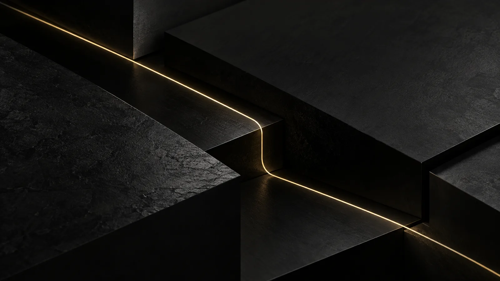 Interlocking dark stone planes with a single continuous gold line threading between them