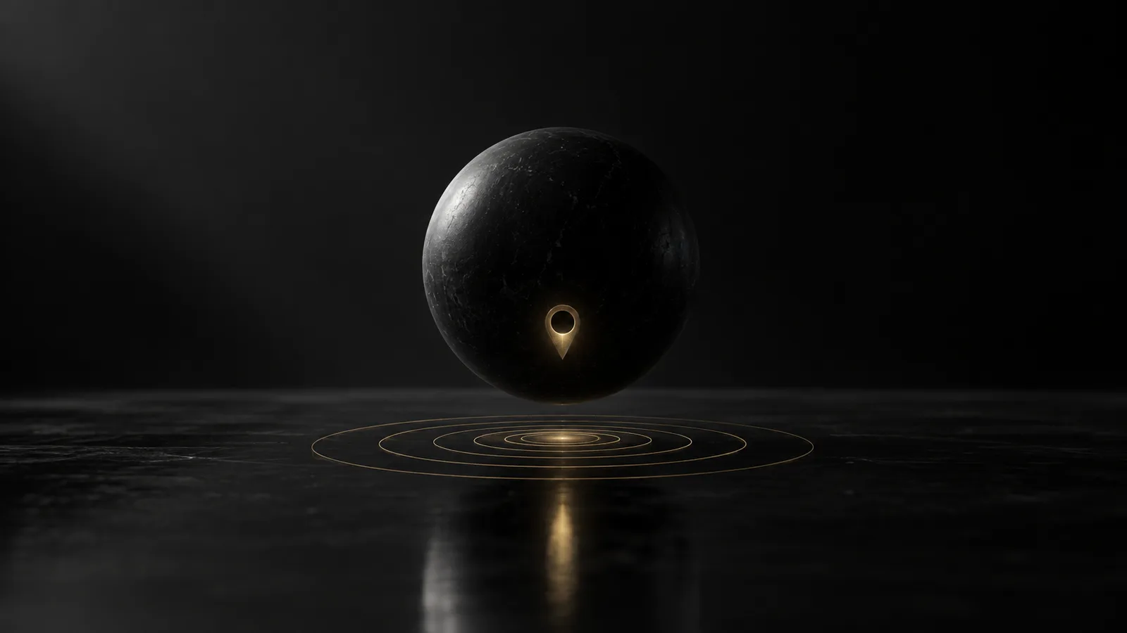 A dark sphere marked by a pin-shaped gold light with rippling rings beneath it