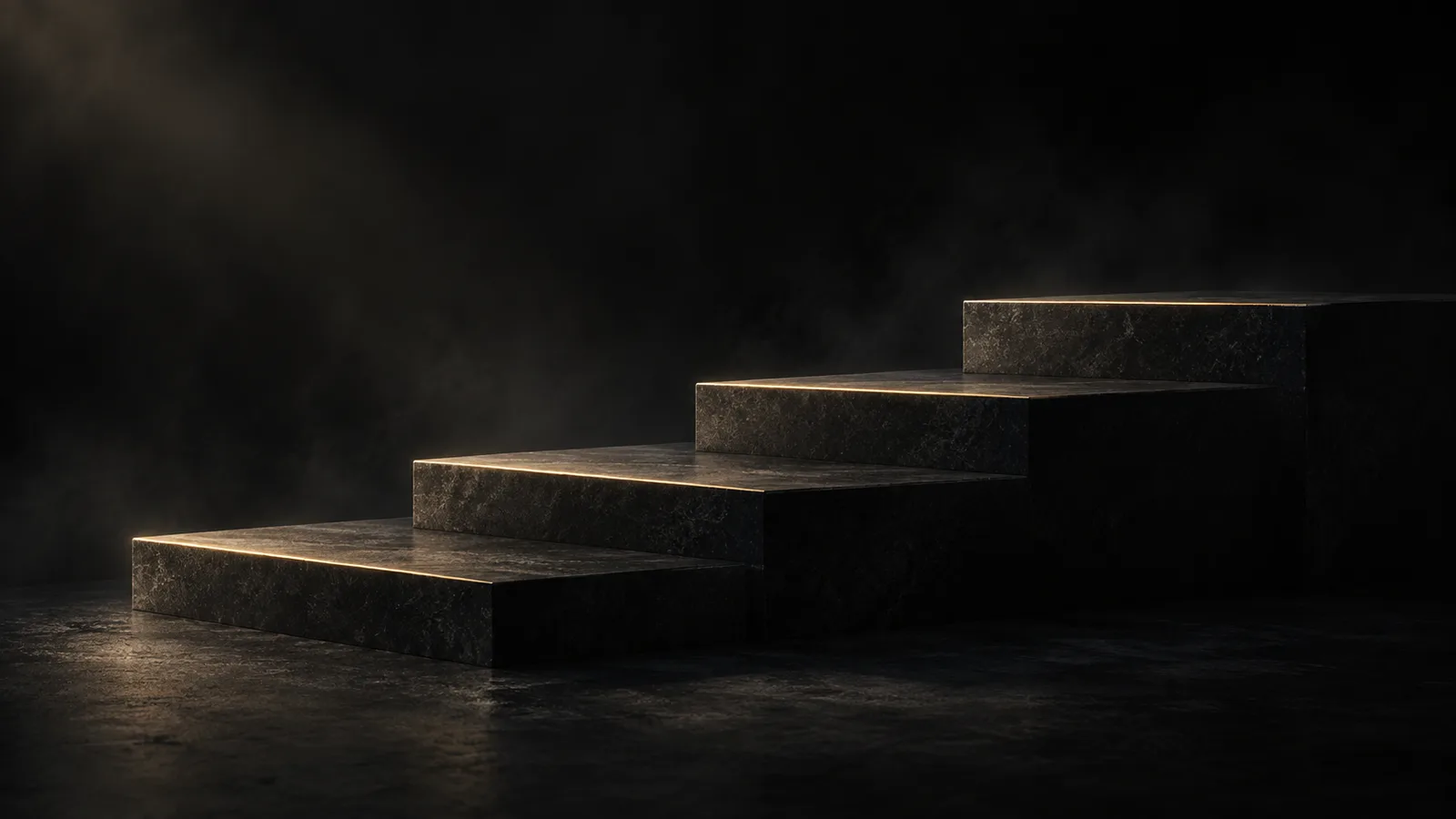 A dark staircase of stone platforms, each step rimmed in a thin gold line