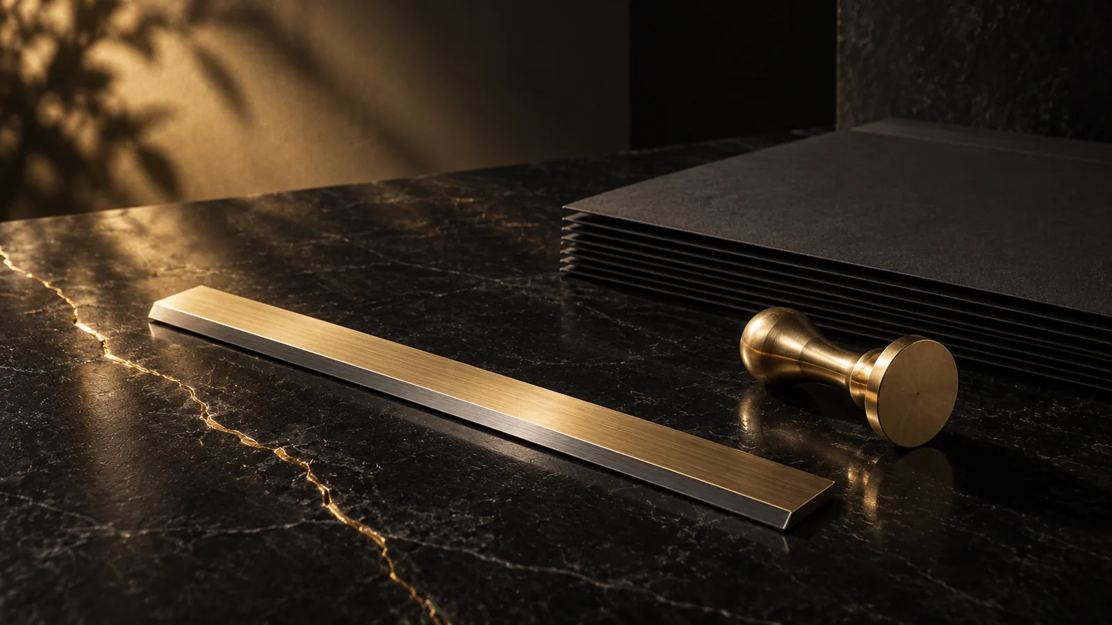 A brass rule and a gold stamp on black marble beside neatly squared dark folders.
