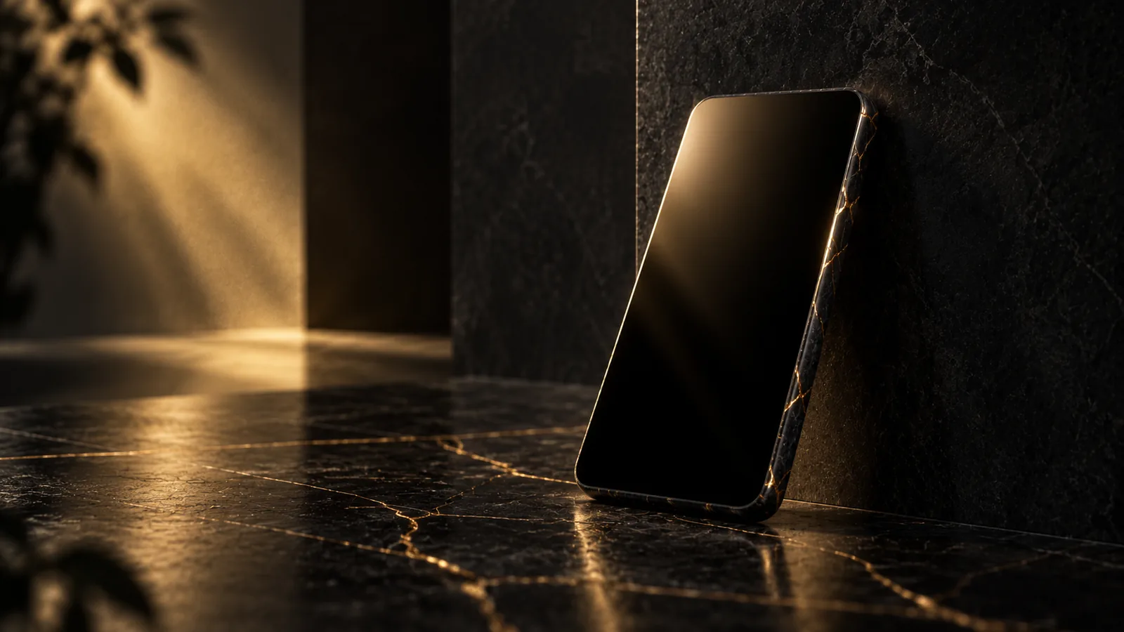 A black marble slab leaning on a dark stone wall, its edge lit by a thin line of warm gold light.