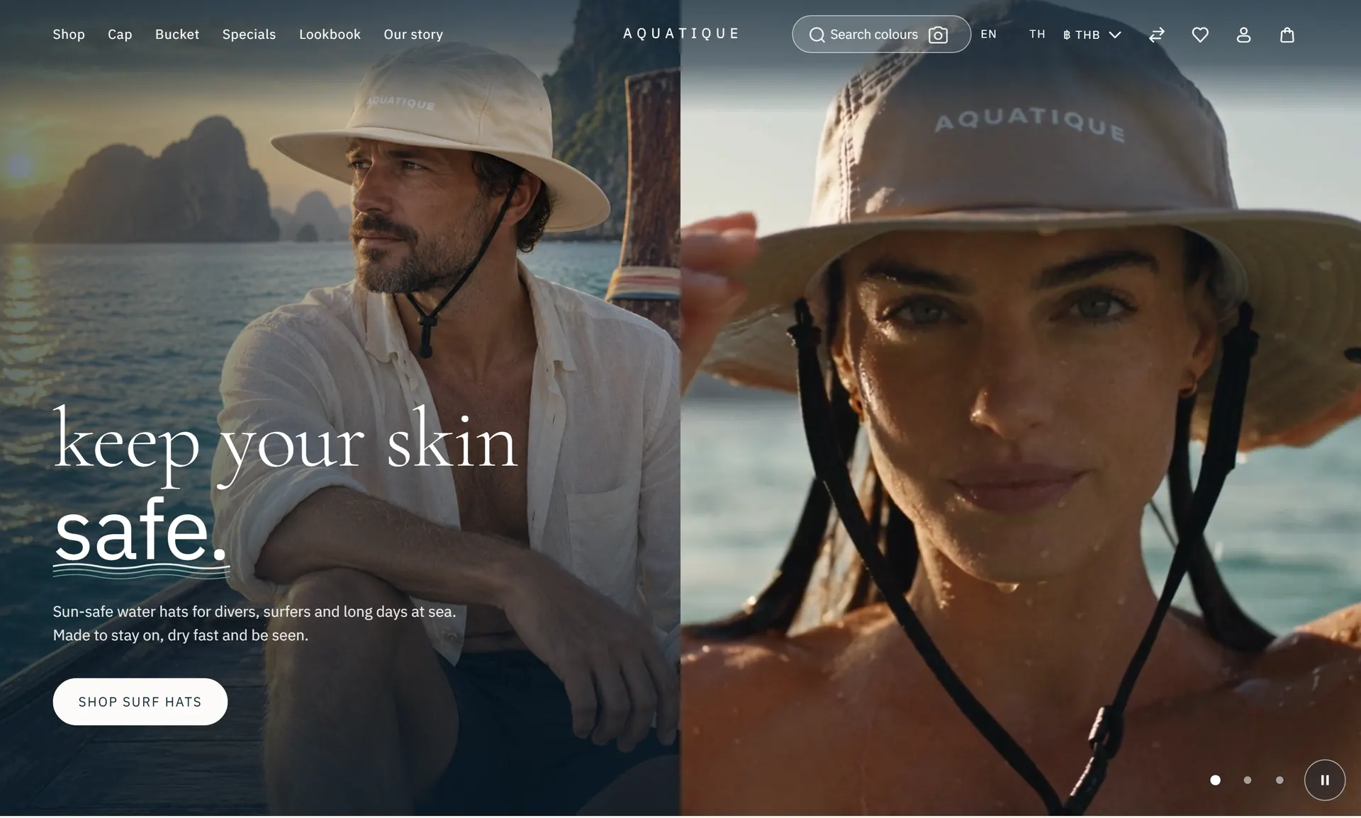Screenshot of the AQUATIQUE home page: a man in a cream bucket hat on a boat at golden hour, beside the headline keep your skin safe.