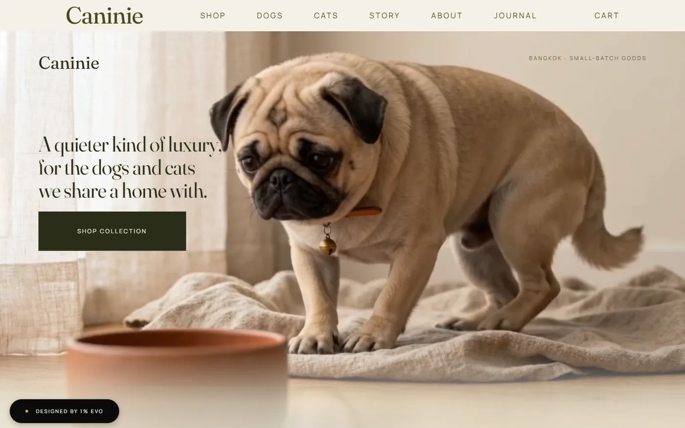 Home page of the pet-brand site: editorial serif headline beside a full-bleed photograph of a pug.