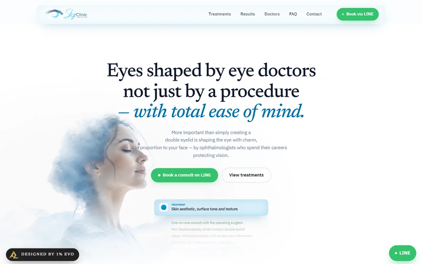 Home page of the eye-surgery clinic site: serif headline over a soft portrait, LINE booking button.