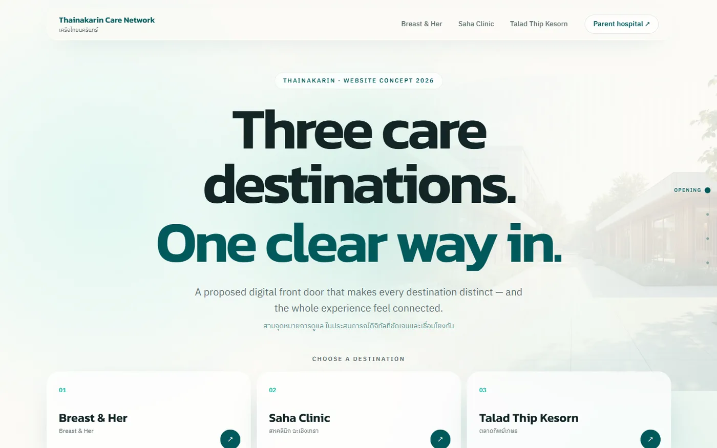 Home page of the care-network concept: large green headline and three destination cards, in Thai and English.
