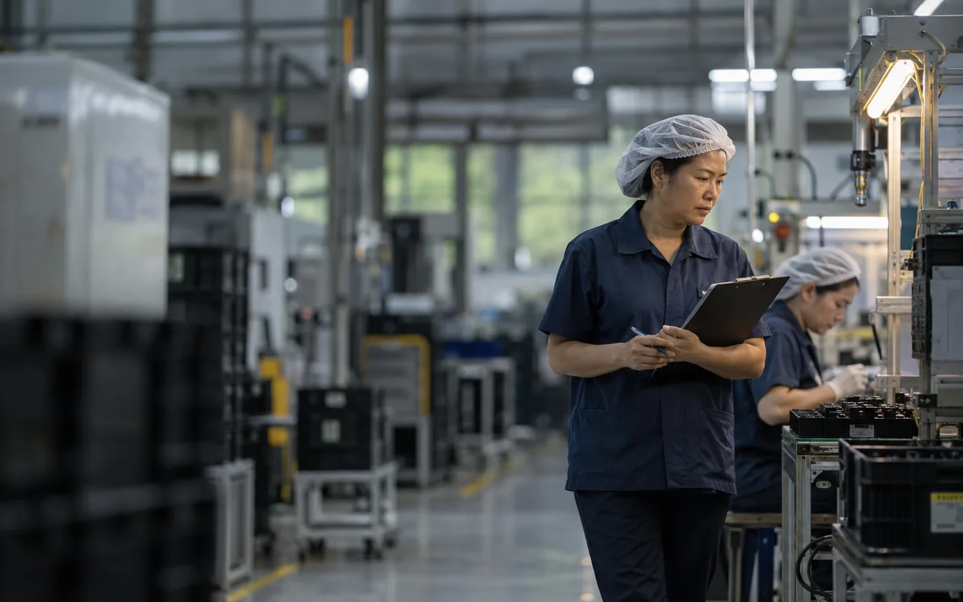 A Thai QC supervisor in a navy uniform and hairnet walking a clean assembly line with a clipboard, a colleague working at a station behind her.